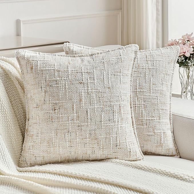 FUTEI Pack of 2 Chenille Tweed Vintage Throw Pillow Covers 26x26 Inch Soft Decorative Euro Pillow Shams Modern Farmhouse Accent for Couch Bed Living Room, Cream