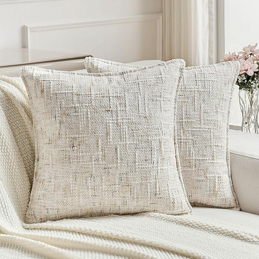 FUTEI Pack of 2 Chenille Tweed Vintage Throw Pillow Covers 22x22 Inch Soft Decorative Cushion Case Modern Farmhouse Accent for Couch Bed Living Room, Cream