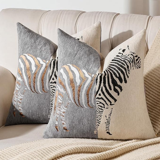 AmHoo Set of 2 Throw Pillow Covers Zebra Chenille Patchwork Decorative Pillows Cover Pillowcase for Sofa Couch Bed 18 x 18-Inch Gray