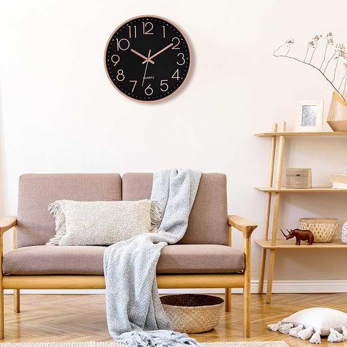 Foxtop Modern Wall Clock 12 Inch Non-Ticking Silent Battery Operated Round Quartz Rose Gold Wall Clock for Office Bedroom Living Room Kitchen Home School Decor (Black Dial)