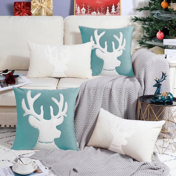 BRAWARM Christmas Pillow Cover 20 X 20 Inches, Teal Reindeer Embroidered Pillow Cover, Soft Velvet Decorative Throw Pillow for Couch Bed Sofa Living Room Home