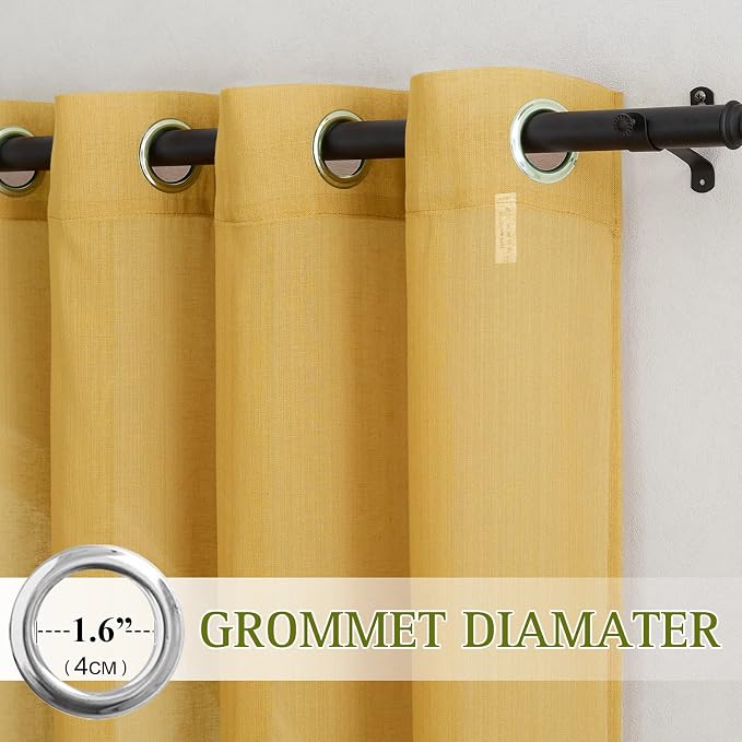 NICETOWN Semi Sheer Curtains Flax Linen Texture, Grommet Retro Window Treatment Linen Weave Vertical Drapes Privacy with Light Filter for Living Room, Citrine, 2 Panels, W52 x L84