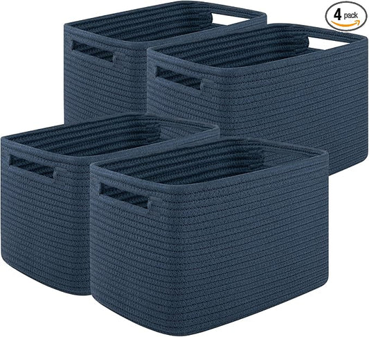 OIASKET 4Packs Natural Cotton Rope Storage Baskets for Organizing Toys, Clothes, Towels & Books, Soft Versatile Organizers for Shelves, Home Decorative Bins, 13''Lx9''Wx7.8''H, Blue