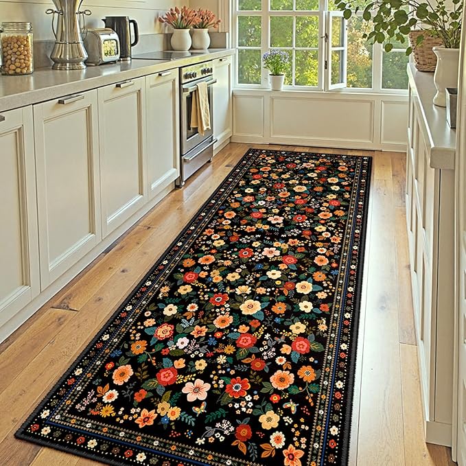 Washable Floral Area Rug for Living Room Runner 2x8 Black | Non-Slip，Vacuum-Friendly, Low Pile, Flower Carpet for Bedroom Kitchen Entryway Dining Room Office Nursery