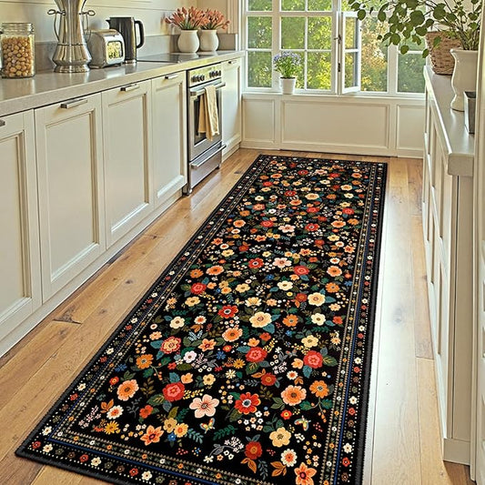 Washable Floral Area Rug for Living Room Runner 2x8 Black | Non-Slip，Vacuum-Friendly, Low Pile, Flower Carpet for Bedroom Kitchen Entryway Dining Room Office Nursery