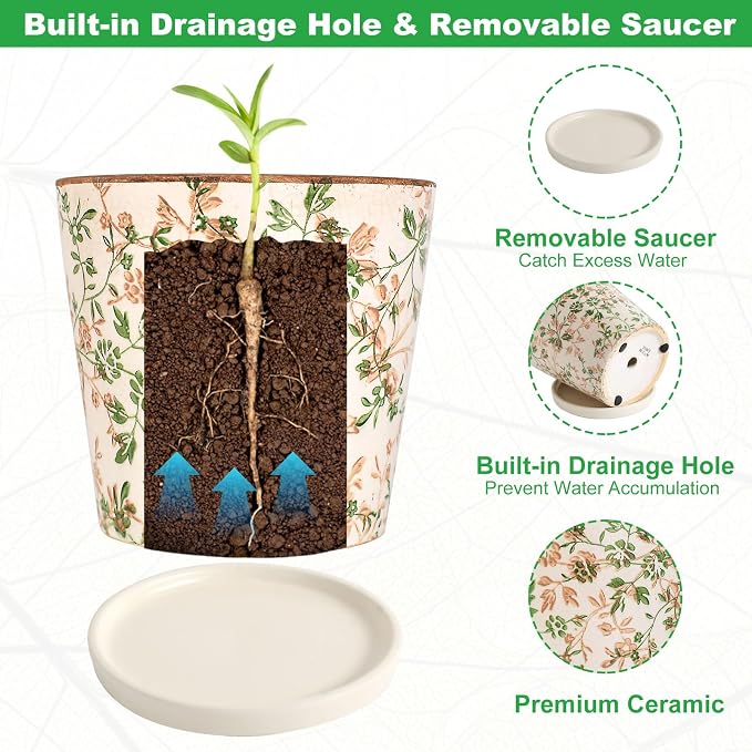 Ceramic Flower Pots for Indoor Plant with Drainage Hole & Saucer