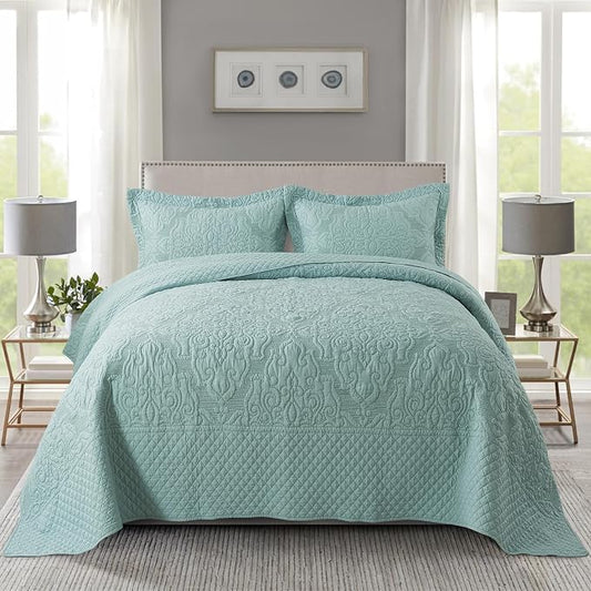 NEWLAKE Quilt Bedspread Set, Light Green Jacquard Embossed Floral Pattern Reversible Embroidered Microfiber Coverlet Sets, Queen Size