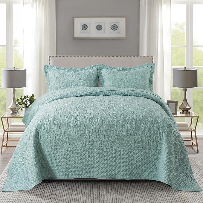 NEWLAKE Quilt Bedspread Set, Light Green Jacquard Embossed Floral Pattern Reversible Embroidered Microfiber Coverlet Sets, King Size