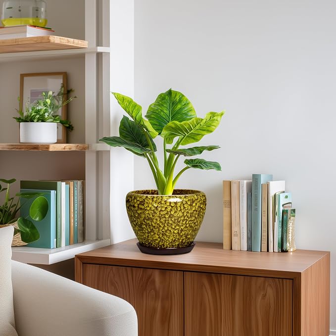 8 Inch Flower Pot, Ceramic Planters with Drainage, Yellow Leopard | Round Indoor Plant Pot with Saucer, Decorative Planter for Indoor Plants, Bathroom Decor, House Warming Gifts