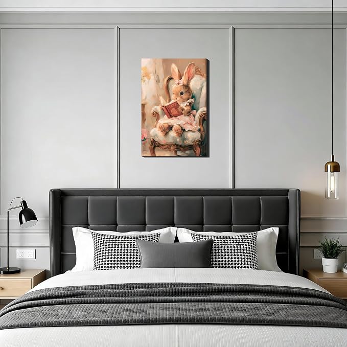 RIBNTAK Large Rabbit Reading Book Canvas Wall Art 24x36, Framed Easter Bunny Art Prints Rustic Paintings Pictures for Kids Friends Home Bedroom Living Room Holiday Wall Decor