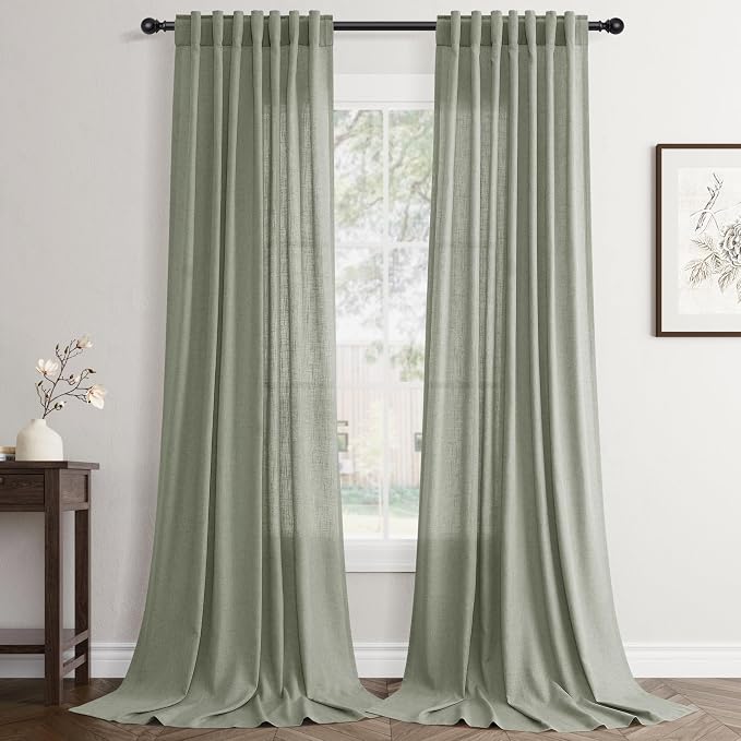 Jowels Sage Green Linen Curtains 120 Inch Long 2 Panels for Living Room | Light Filtering Semi Sheer Curtain, Back Tab Pocket Pleated Look, Boho Farmhouse Textured Privacy Drapes for Bedroom Window