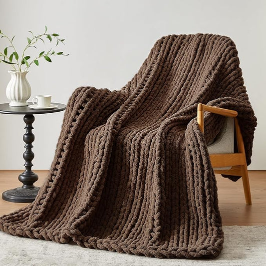Negwoo Chunky Knit Throw Blanket, Knitted Throw Chenille Yarn, 30"*40" | Soft Thick Cable Knitted Blankets, Handmade Big Thick Blanket, Machine Washable Cute Comfy Blanket for Home Decor, Dark brown