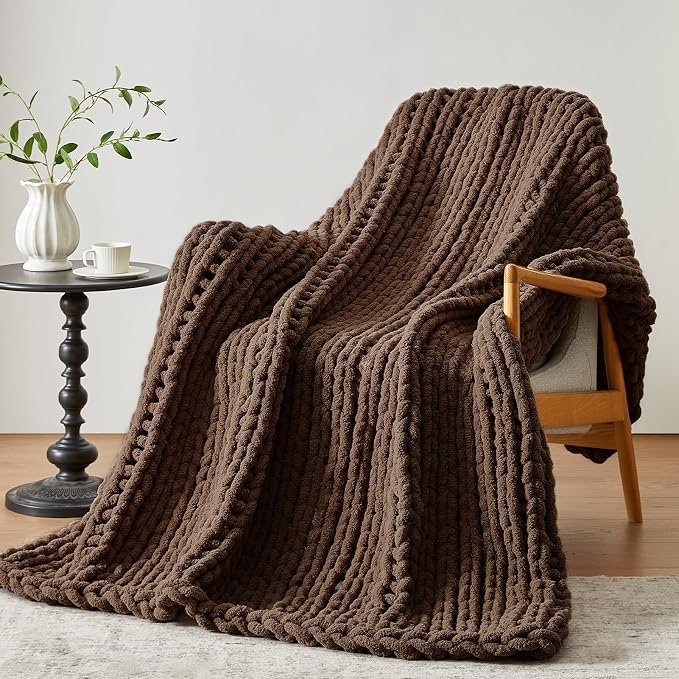 Negwoo Chunky Knit Throw Blanket, Knitted Throw Chenille Yarn, 50"*60" | Soft Thick Cable Knitted Blankets, Handmade Big Thick Blanket, Machine Washable Cute Comfy Blanket for Home Decor, Dark brown