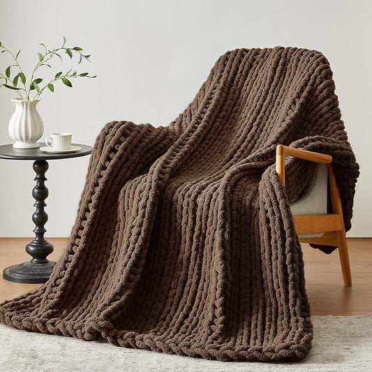 Negwoo Chunky Knit Throw Blanket, Knitted Throw Chenille Yarn, 50"*60" | Soft Thick Cable Knitted Blankets, Handmade Big Thick Blanket, Machine Washable Cute Comfy Blanket for Home Decor, Dark brown