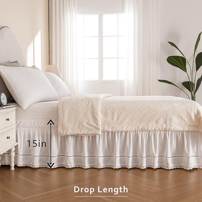 MIYE Wrap Around Ruffled Lace Bed Skirt, Elastic Dust Ruffle with Adjustable Belts, Easy to Put On, Bed Frame Cover, Machine Washable (Floral Lace/White, Full/Twin-15 Drop)