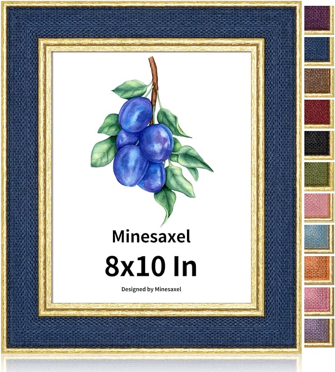 8x10 Picture Frame - Navy Blue Fabric & Vintage Gold Border HD Real Glass with Easel for Tabletop/Wall (Family Photos, Office Diplomas 1 Pack)