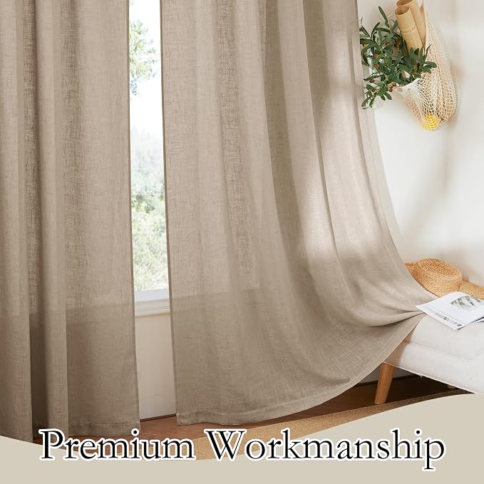 RYB HOME Linen Textured Semi Sheer Curtains 63 inches Long for Living Room | Half Privacy, Light Filtering, Faux Linen Blend, Office Nursery Dorm Bathroom, Khaki, W52 x L63, 2 Panels
