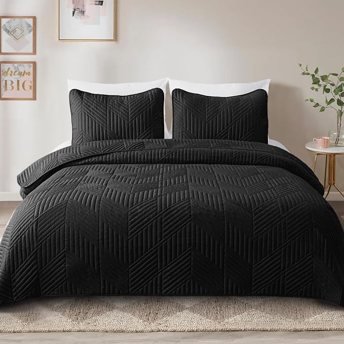 Exclusivo Mezcla Ultrasonic Full Queen Quilt Bedding Set, Black | Lightweight Bedspreads, Soft Microfiber, Modern Geometric Coverlet, All Season Bed Cover, 1 Quilt and 2 Pillow Shams