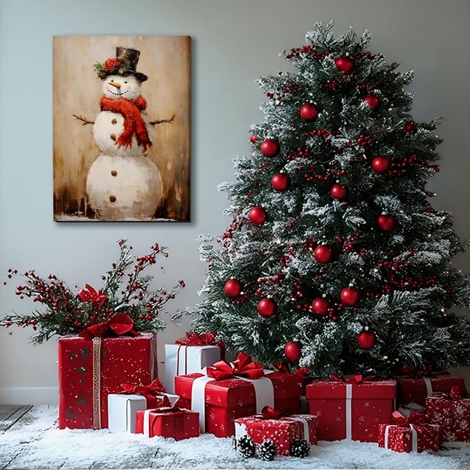 Rustic Snowman Christmas Wall Art 24x36in, Framed Christmas Pictures for Bedroom & Bathroom Wall Decorations, Farmhouse Winter Scene Painting Canvas Prints for Living Room
