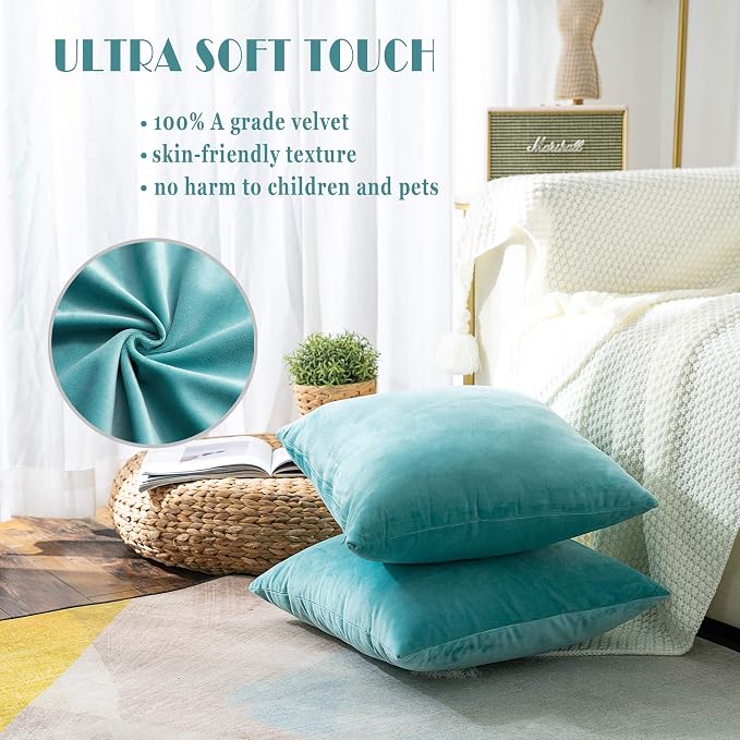 Stellhome Pack of 2 Velvet Pillow Covers Square Decorative Cushion Covers for Bed Couch Sofa Bench, 24 x 24 inch (60 x 60 cm), Dark Cyan
