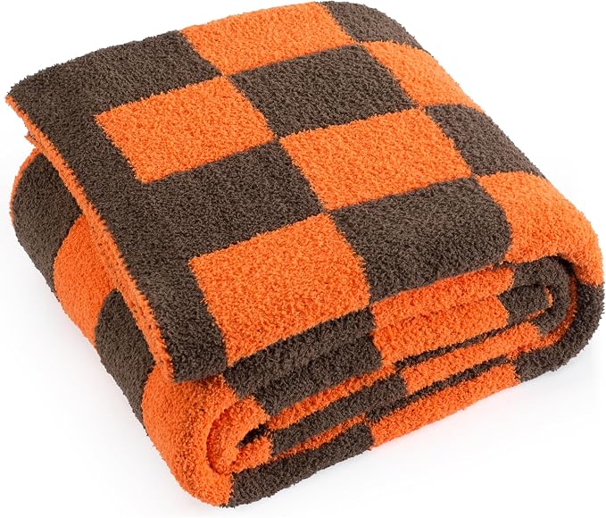 Carriediosa Checkered Throw Blanket 50x60, 400GSM Ultra Soft Microfiber | Orange, Fuzzy Fluffy Cozy Plush Knit Knitted Plaid Checker, Lightweight Cute Preppy Fall Blankets & Throws for Couch, Bed