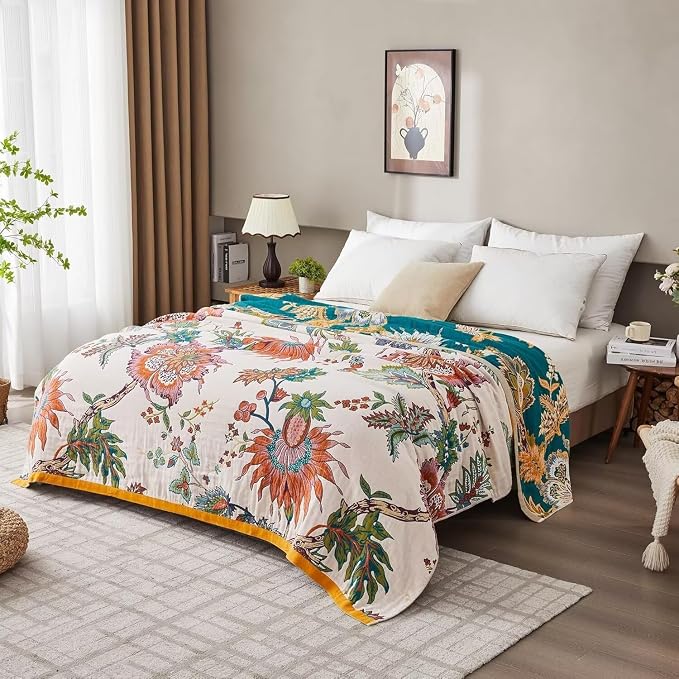 Boho Throw Blanket for Bed 100% Cotton Bohemian Blankets Ultra Soft Woven Muslin Decorative Blankets All Seasons Vintage Quilt Knitted Blanket for Sofa Chair(Beige, 60"x80")