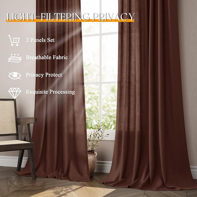 Jowels Rustic Brown Linen Curtains 84 Inch Long 2 Panels for Living Room | Light Filtering Semi Sheer Curtain, Back Tab Pocket Pleated Look, Boho Farmhouse Textured Privacy Drapes for Bedroom Window