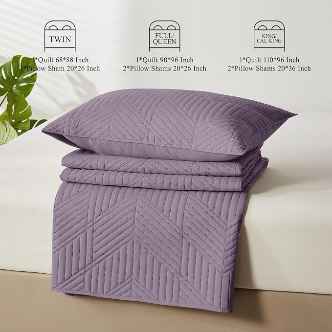 Davulos Full/Queen Quilt Set in Grayish Purple,Soft Reversible Microfiber Bedspread for All-Season Use,Lightweight Coverlet with Modern Geometric Pattern (1 Quilt, 2 Pillow Shams)