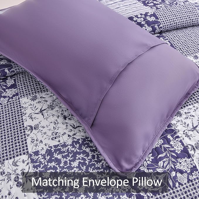 Mybedsoul Boho Quilt King Size, Patchwork Floral Bedding Set, Purple | Soft Lightweight Microfiber Coverlet Set, 3 Pieces Plaid Reversible Bedspread, Bed Sets for All Seasons 90"x110"