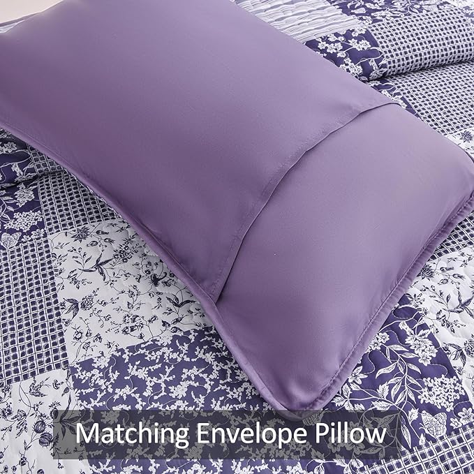 Mybedsoul Boho Quilts Queen Size, Patchwork Reversible Bedding Set, Purple | Soft Lightweight Microfiber Floral Coverlet Set, 3 Pieces Plaid Reversible Bedspread, Bed Sets for All Seasons 90"x96"