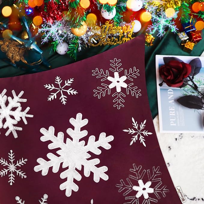 BRAWARM Christmas Pillow Cover 12 X 20 Inches, Burgundy Snowflake Embroidered Lumbar Pillow Cover, Soft Velvet Decorative Throw Pillow for Couch Bed Sofa Living Room Home