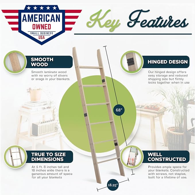 Blanket Ladder for the Living Room and Bedroom, Quilt Rack, Smokey Oak | 5ft 8 inch, 6-Tier Wall Leaning Blanket Holder, Laminate Snag Free, Rustic Decorative Farmhouse Ladder Shelf for Blankets
