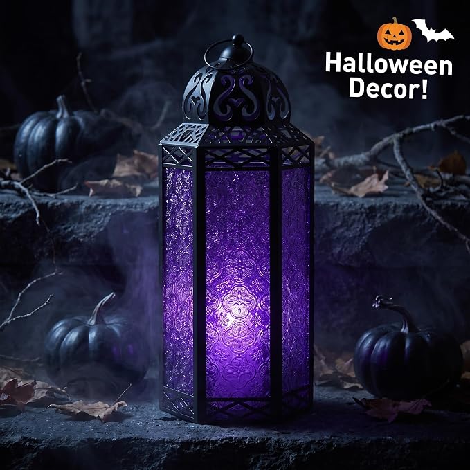 Vela Lanterns Decorative Indoor Tall Floor Candle Holder, Purple, XL | Extra Large Gothic Whimsigoth Decor, Moroccan Lantern, Halloween Witch Lamp, Indoor Outdoor Patio, 16.3" Tall