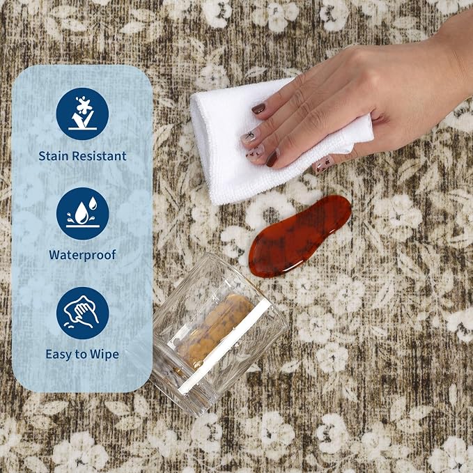 GarveeHome 3x5 Area Rug for Bedroom Vintage Floral Bordered Floor Carpets | Flower Leaf Accent Mat for Dining Room Machine Washable Non-Slip Low Pile Brown Area Rug for Living Room Hallway Entryway