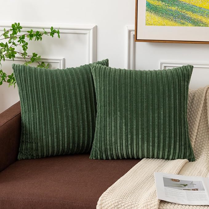 Kevin Textile Striped Corduroy 20”x20” Pillow Covers 2 Pack, Moss Green