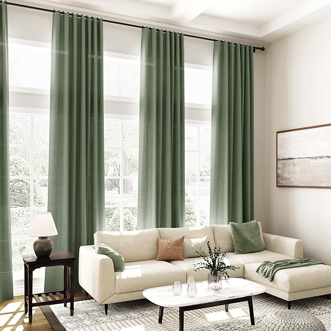 Olive Green Linen Curtains for Living Room 2 Panels Set 95 Inch Length Back Tab Light Filtering Semi Sheer Curtain Drapes for Bedroom 52x95