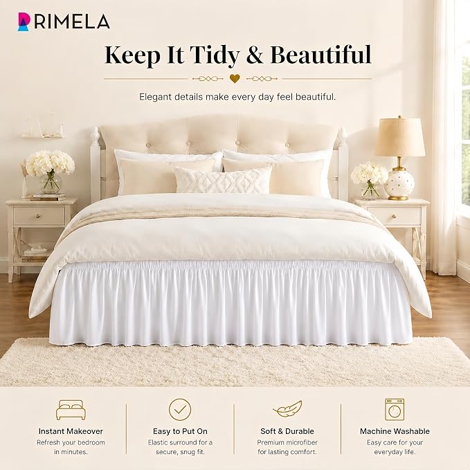 White Bed Skirt Queen Size 12 Inch Drop, Elastic Wrap Around Bedskirt | Solid Ruffled, Easy to Use, No Mattress Lifting, Wrinkle & Fade Resistant, with Adhesive Strips, Machine Wash/Dry/Iron