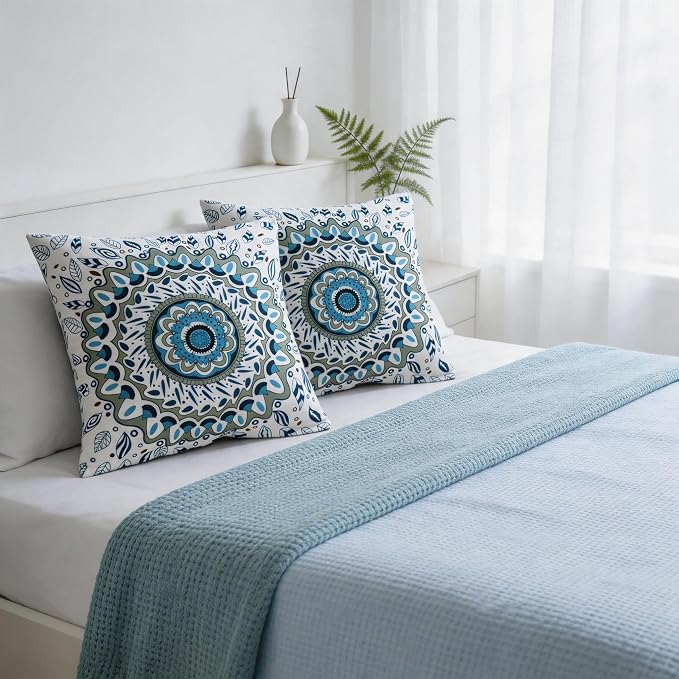 Boho Throw Pillow Covers 18x18 Set of 2 Blue Mandala Decorative Cushion Covers with Hidden Zipper Soft Polyester Double Sided Machine Washable