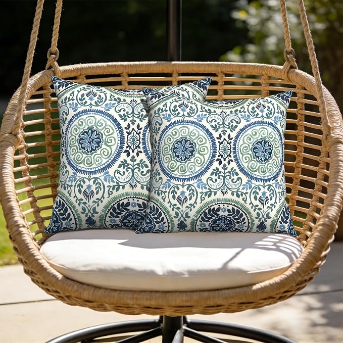 Outdoor Pillow Covers Waterproof 20x20 Inch Set of 2 Medallion Blue Decorative Outside Patio Furniture Cushion Cases Decor for Porch Garden