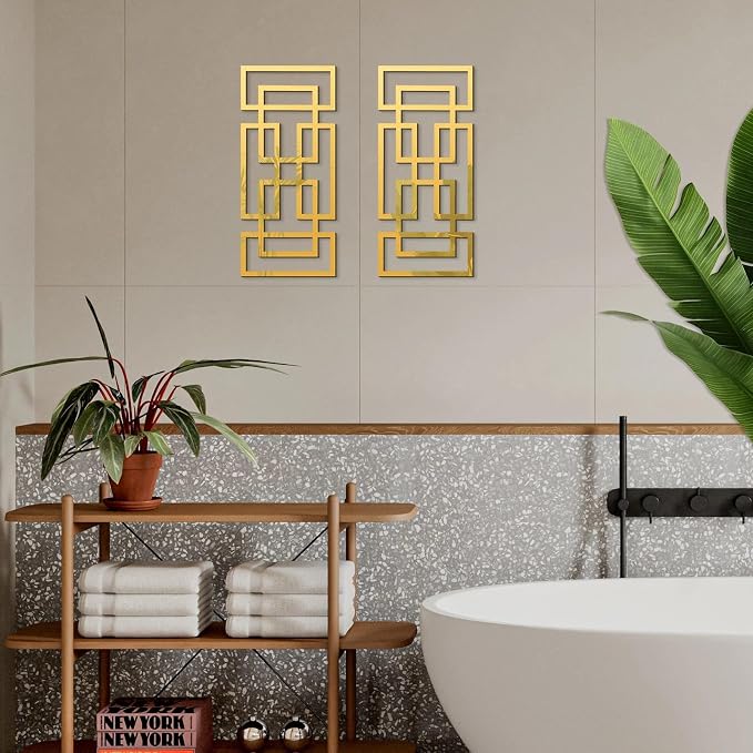2 Piece Gold Rectangular Wall Mirrors, 15.7×7 Inch Geometric Wooden Frame Acrylic Wall-Mounted Modern Mirror Decor for Bathroom Bedroom Living Room Office Farmhouse Home Decorations