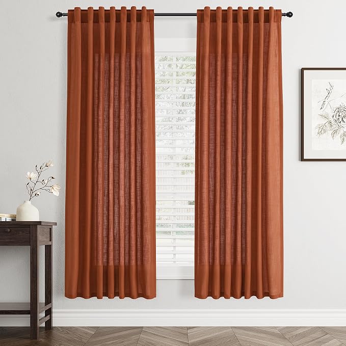 Jowels Terracotta Linen Curtains 72 Inch Long 2 Panels for Living Room | Burnt Orange Light Filtering Semi Sheer Curtain,Back Tab Pocket Pleated Look,Boho Textured Privacy Drapes for Bedroom Window