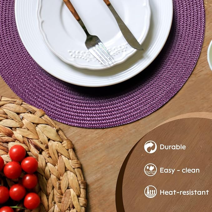 FunWheat Round Braided Placemats Set of 8 Table Mats for Dining Tables Woven Washable Non-Slip Place mats 15 inch(Purple,8pcs)