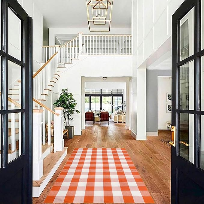 Buffalo Plaid Outdoor Rug 4x6 Ft Orange and White Checkered Area Rug Halloween Washable Fall Indoor Outdoor Rugs for Entryway,Hallway, Kitchen, Living Room, Dining Room, Bedroom