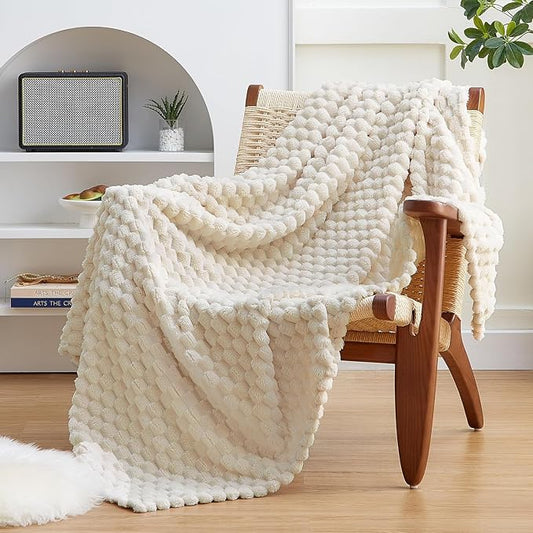 EXQ Home Fleece Throw Blanket for Couch or Bed - 3D Imitation Turtle Shell Jacquard Decorative Blankets - Cozy Soft Lightweight Fuzzy Flannel Blanket Suitable for All Seasons(50"×60",Cream)