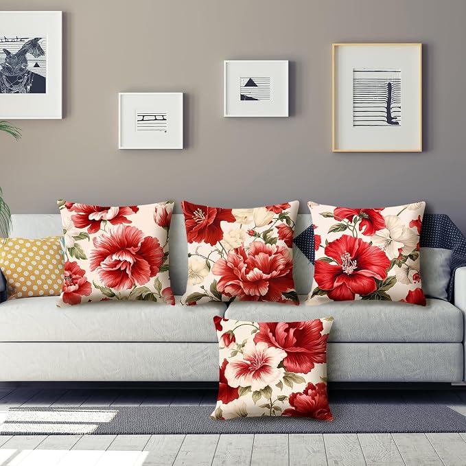 Red Floral Throw Pillow Covers 18x18 inch Set of 4 Hibiscus Flowers Chinoiserie Pillow Cases Spring Decorative Cushion Covers for Sofa Couch Bed