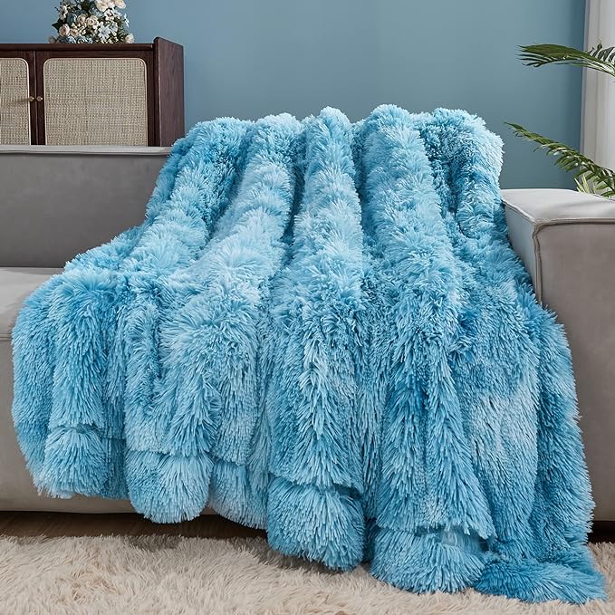 GONAAP Fuzzy Faux Fur Throw Blanket for Couch, Tie-dye Ocean Blue, 50"x60" | Warm Cozy Plush Shaggy Decorative Reversible Thick Non-Heated Fleece Blanket for Sofa Bed, Gift for Women Men, All Season Use