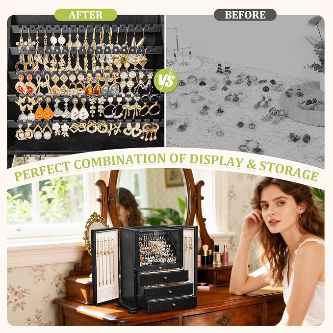 Jewelry Box Organizer, Rustic Wooden Jewelry Boxes for Women Girls, Large Storage Earring Holder Organizer Display for Earrings Necklaces Rings Bracelets (Black)