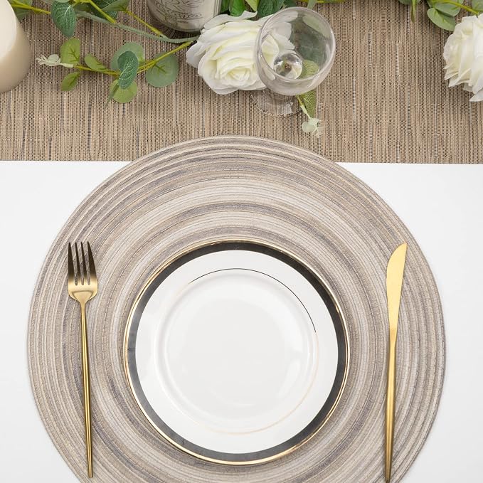 SHACOS Round Braided Placemats 15 inch Set of 4 Variegated Washable Kitchen Table Placemats for Home Wedding Party (Rainbow Gray, 4)