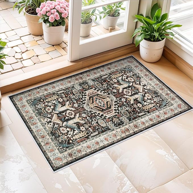 Entryway Washable Area Rug 2x3 - Small Doormat Vintage Distressed Rugs Oriental Non-Slip Stain Resistant Carpet Soft Thin Non-Shedding Indoor Floor Mat for Bedroom Bathroom Kitchen(Black,2x3)