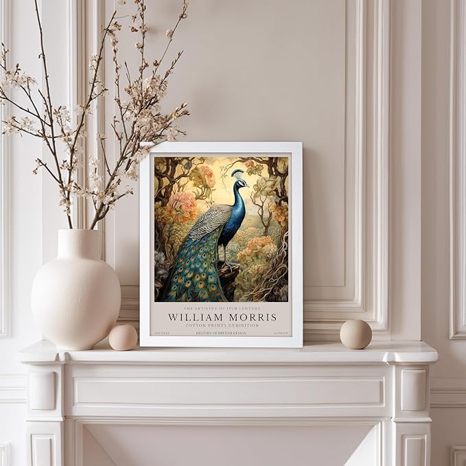 Poster Master William Morris Poster - Peacock Print - Bird Art - Botanical Design - Flower Art - Exhibition Display - Animal Illustration - Floral Design - Aesthetic Office or Bedroom Decor - 8x10 White Framed